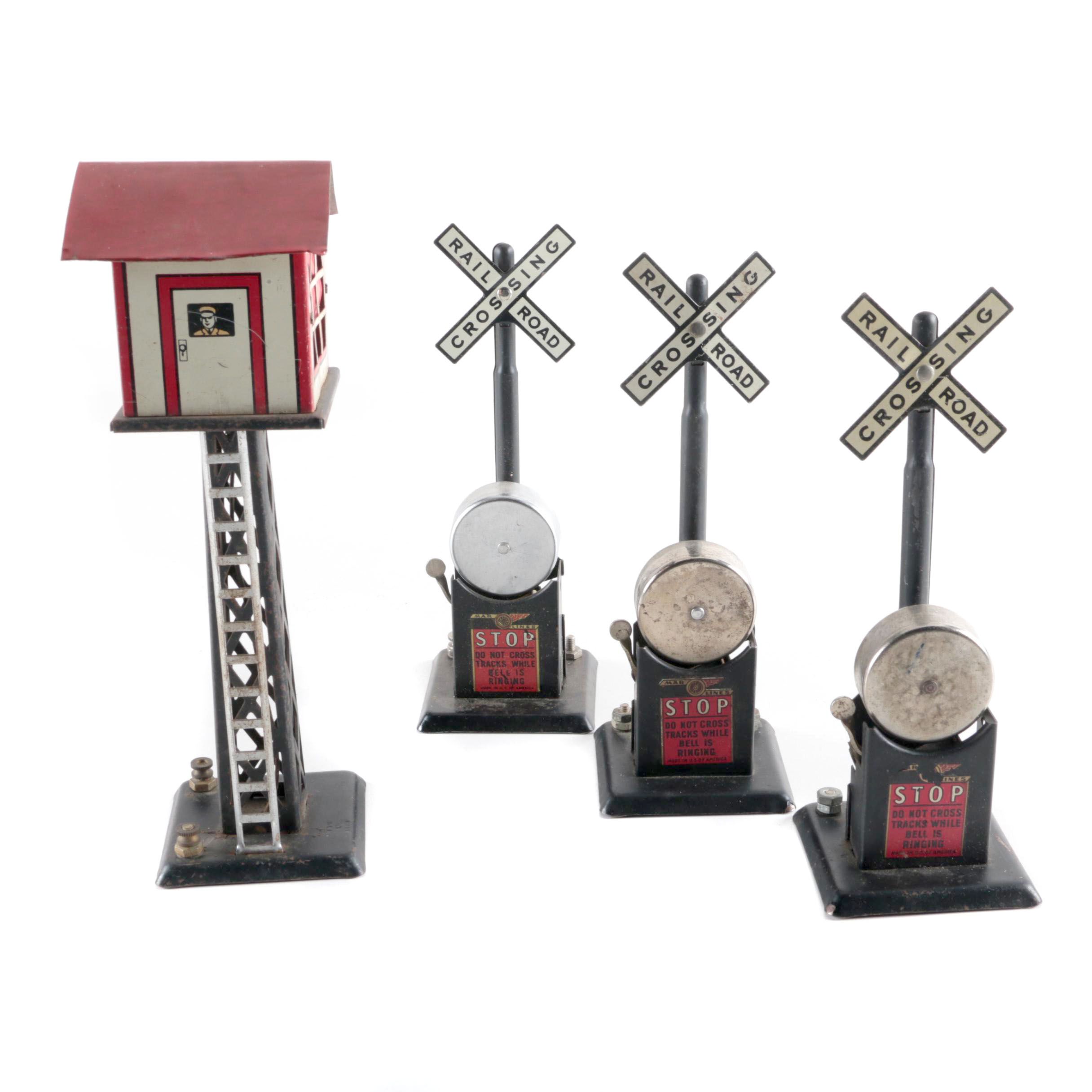 Three Vintage Marx Co. Toy Railroad Crossing Signs and Control Tower