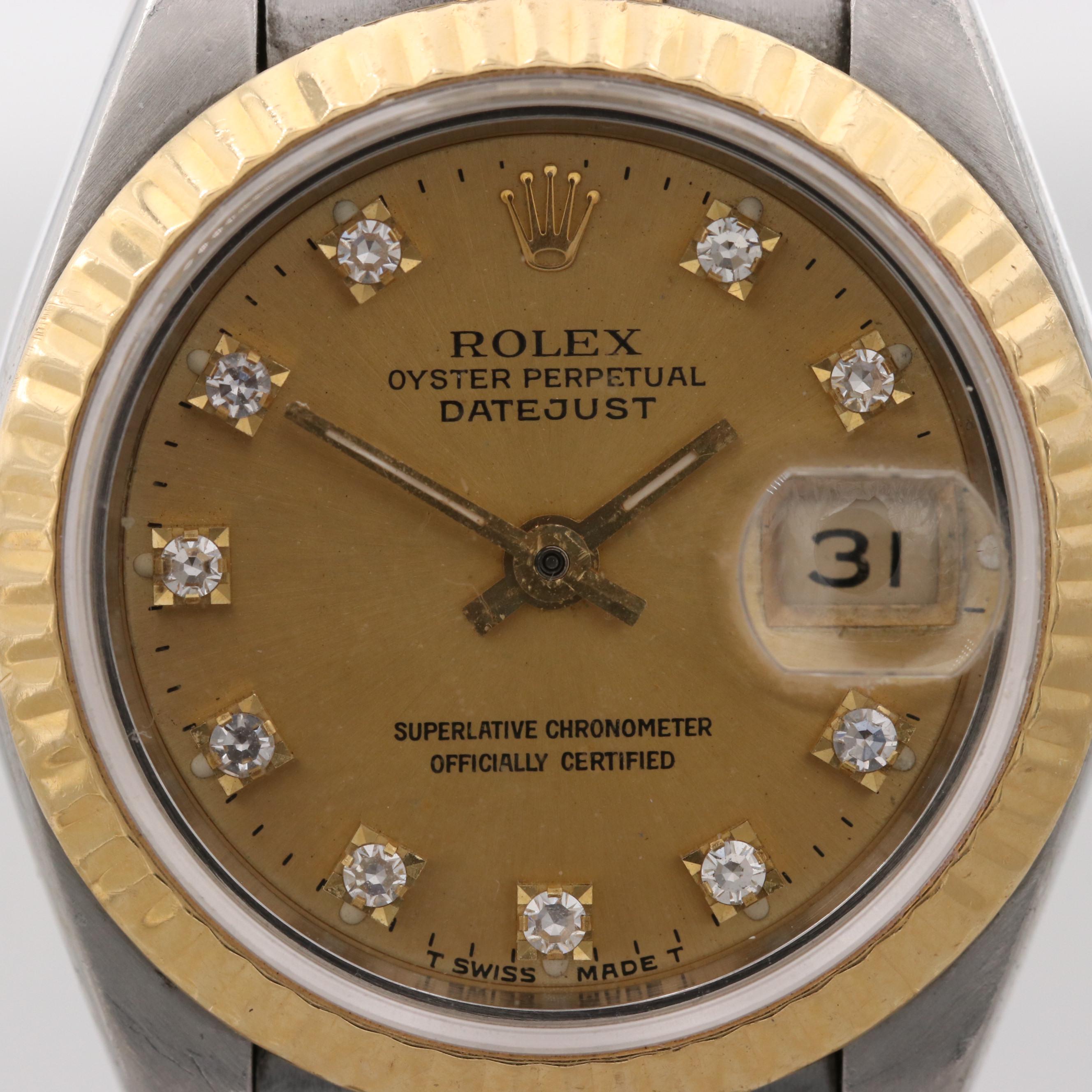 Rolex Datejust Stainless Steel and 18K Yellow Gold Watch With Diamond Dial