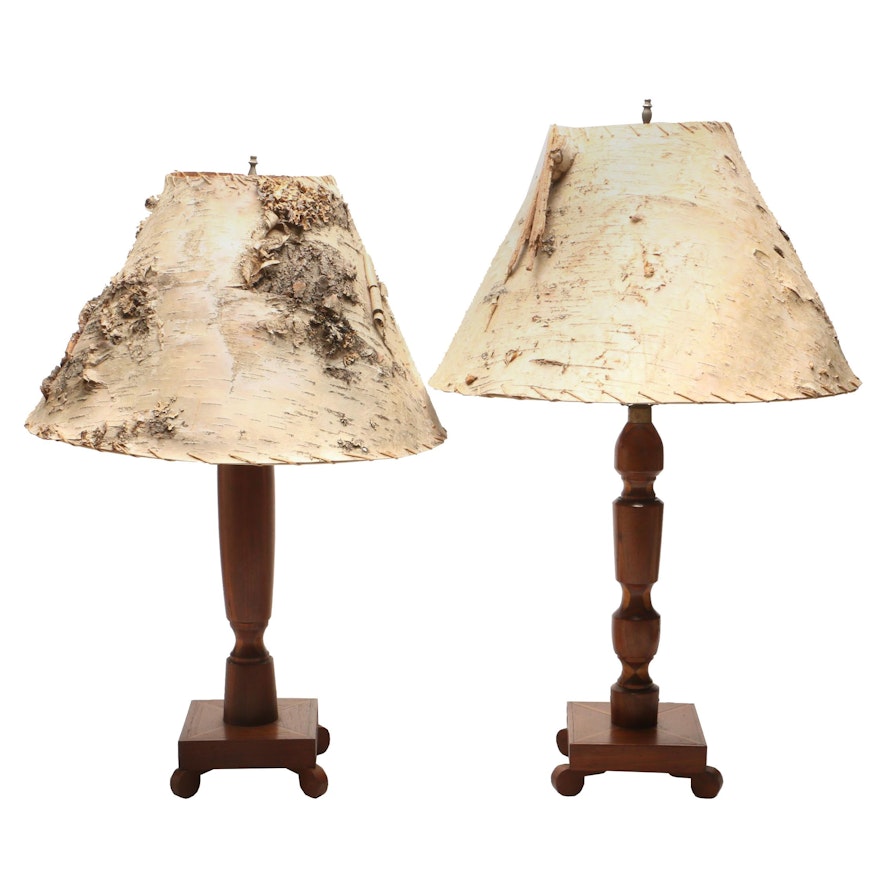 Turned Wood Table Lamps with Bark Shades