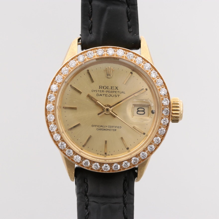 Rolex Datejust 18K Yellow Gold Wristwatch With Diamond Bezel, 1966