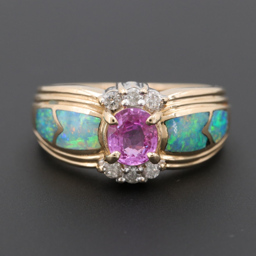 14K Yellow Gold Pink Sapphire, Diamond and Opal Ring