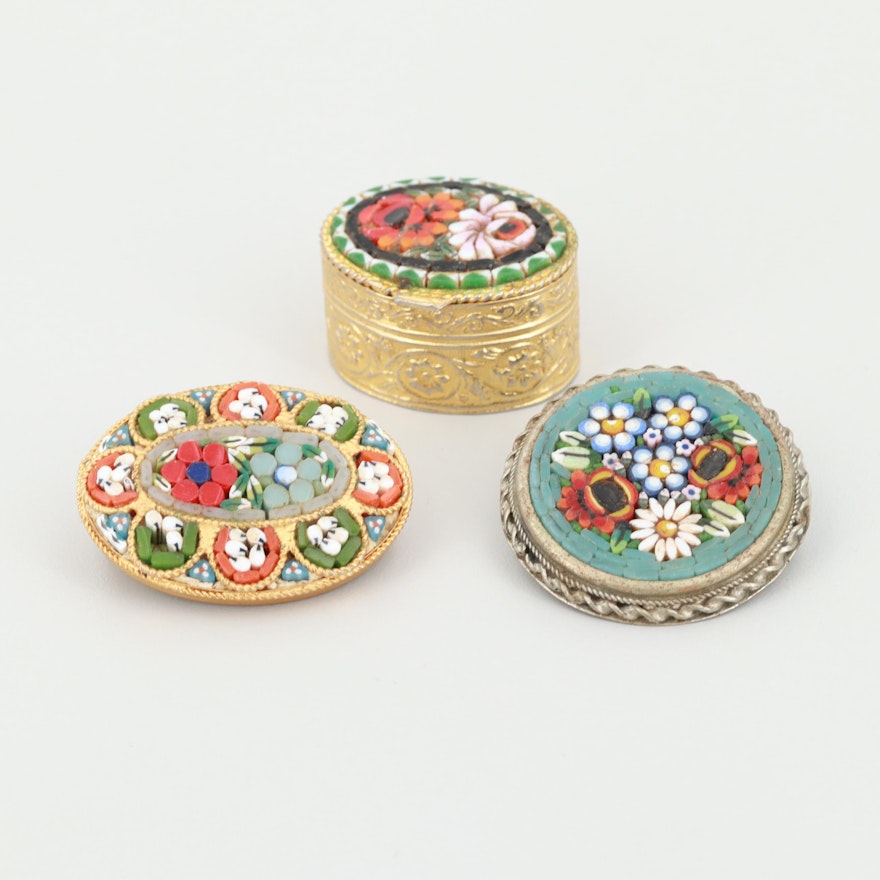 Gold and Silver Tone Glass and Enamel Micro Mosaic Floral Brooches and Pill Box