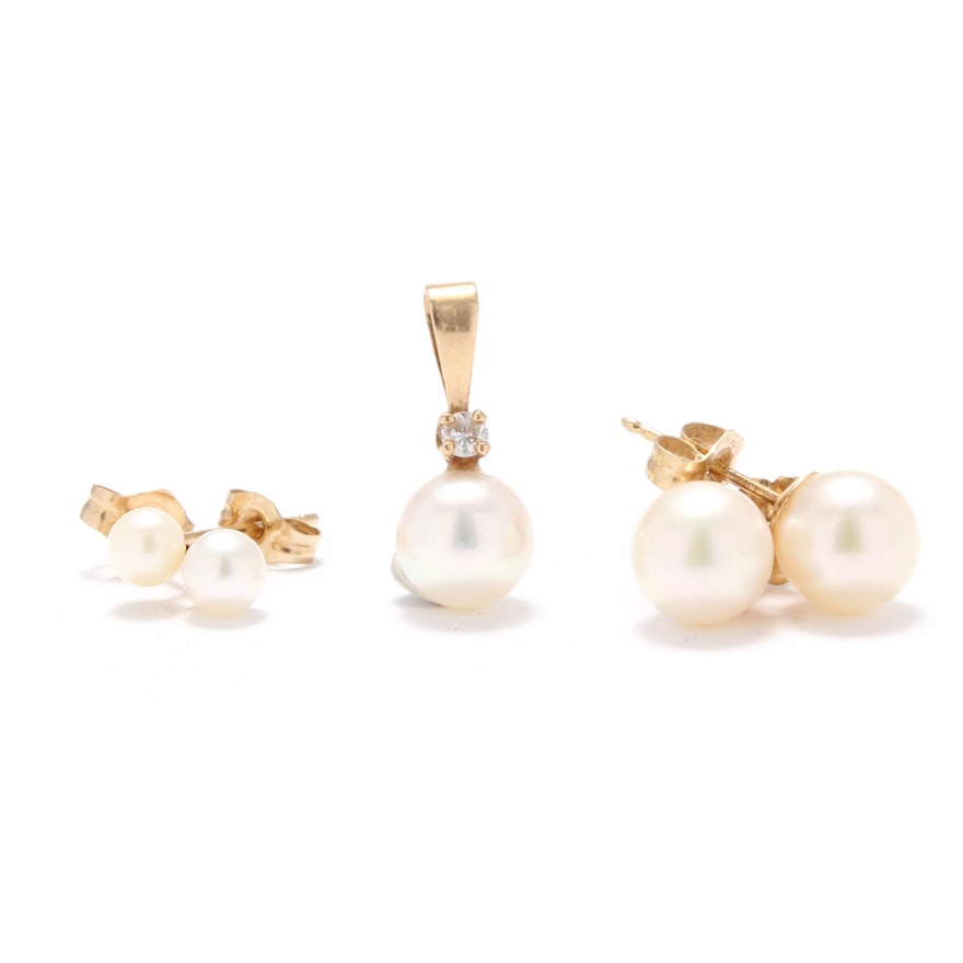 14K Yellow Gold Pearl Earrings and Pearl and Diamond Pendant