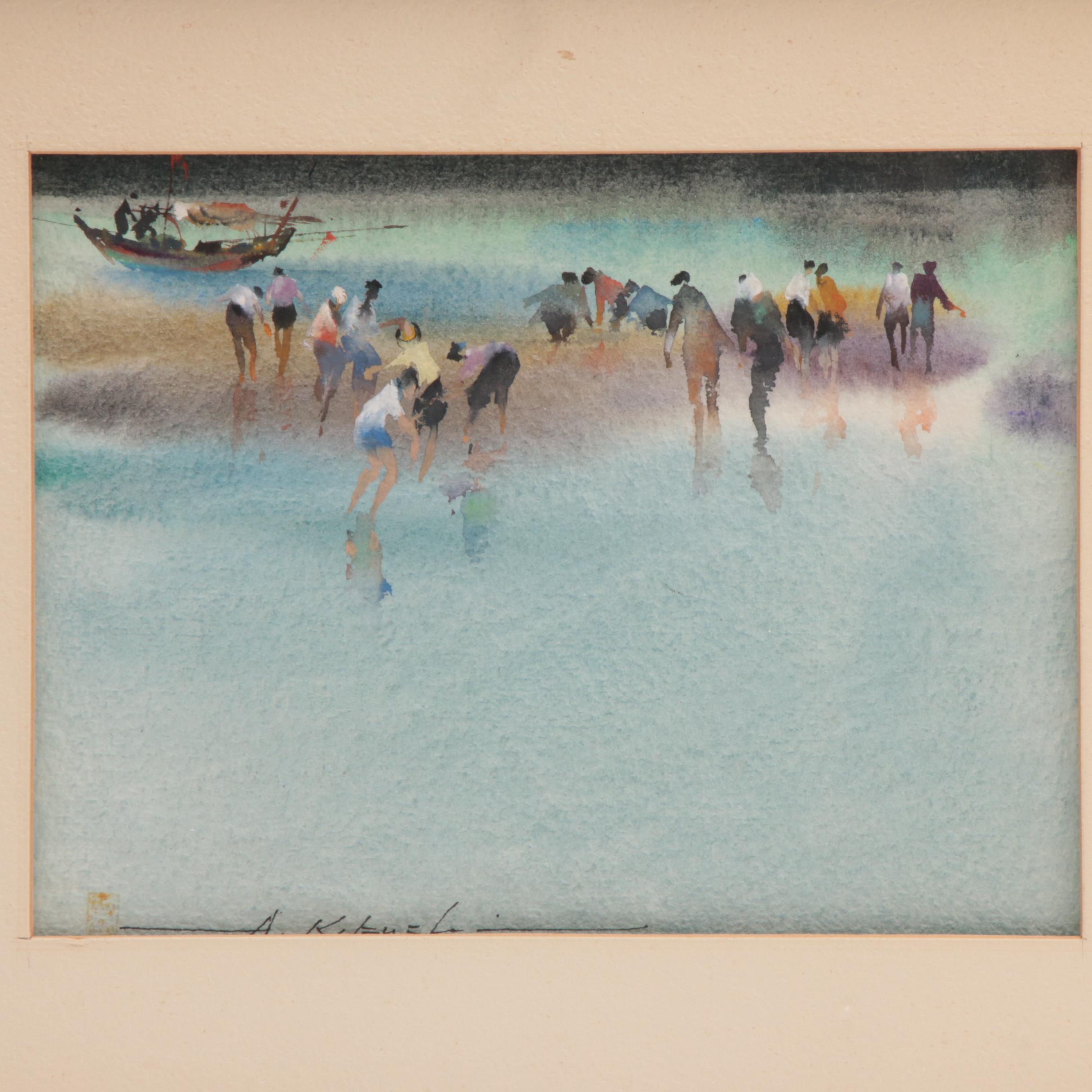 Atsushi Kikuchi Watercolor Painting of Beach Scene