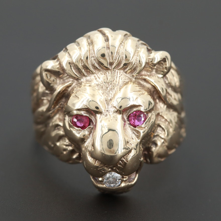 10K Yellow Gold Ruby and Diamond Lion Ring
