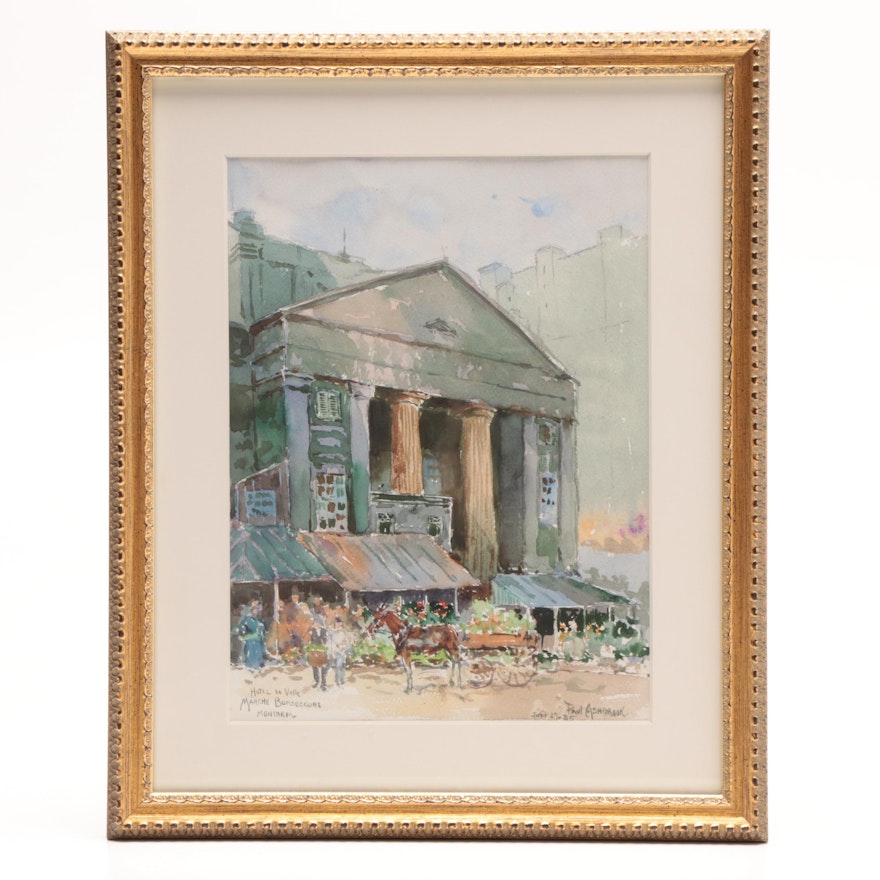 Paul Ashbrook 1935 Watercolor Painting "Hotel de Ville Marche Bonsecours"