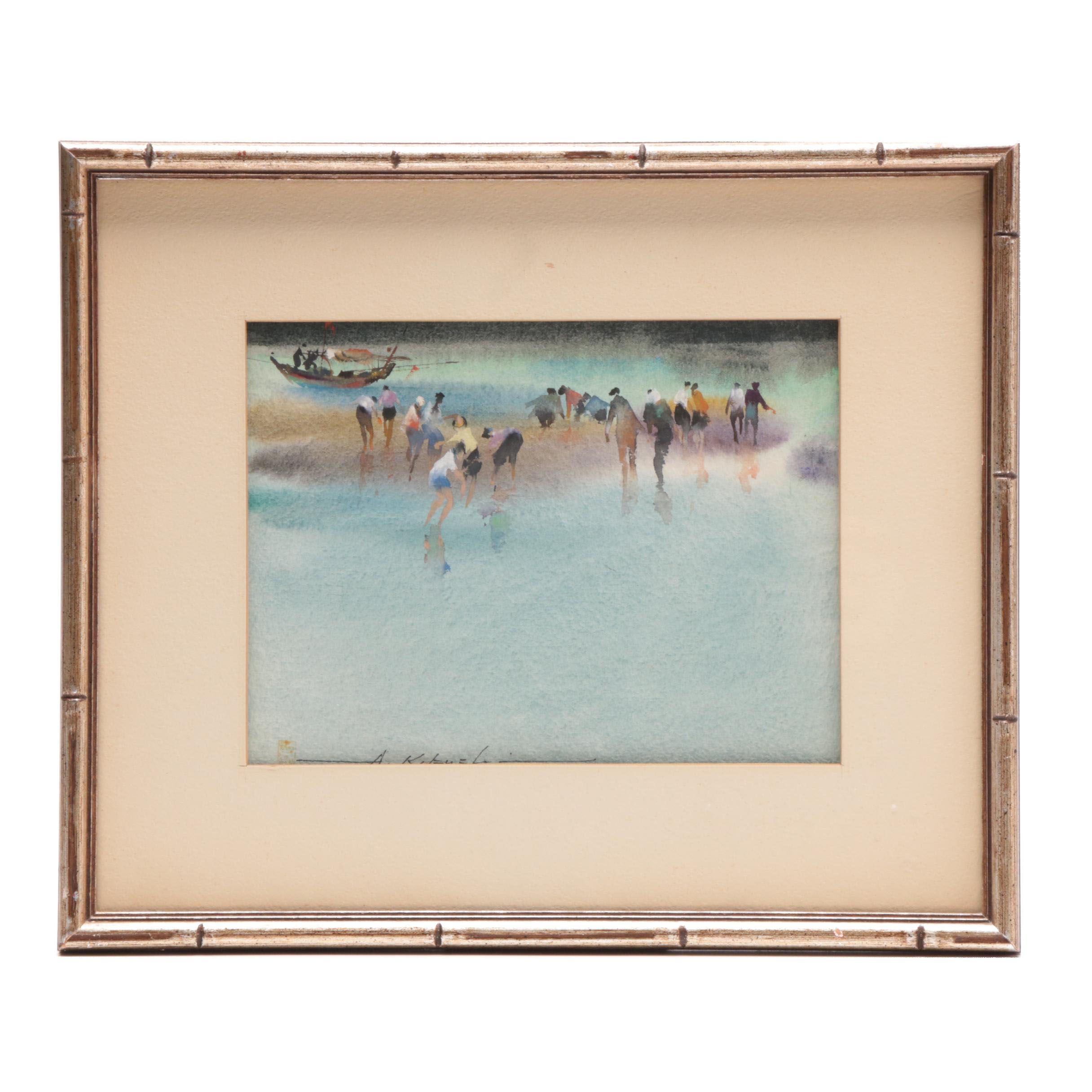 Atsushi Kikuchi Watercolor Painting of Beach Scene
