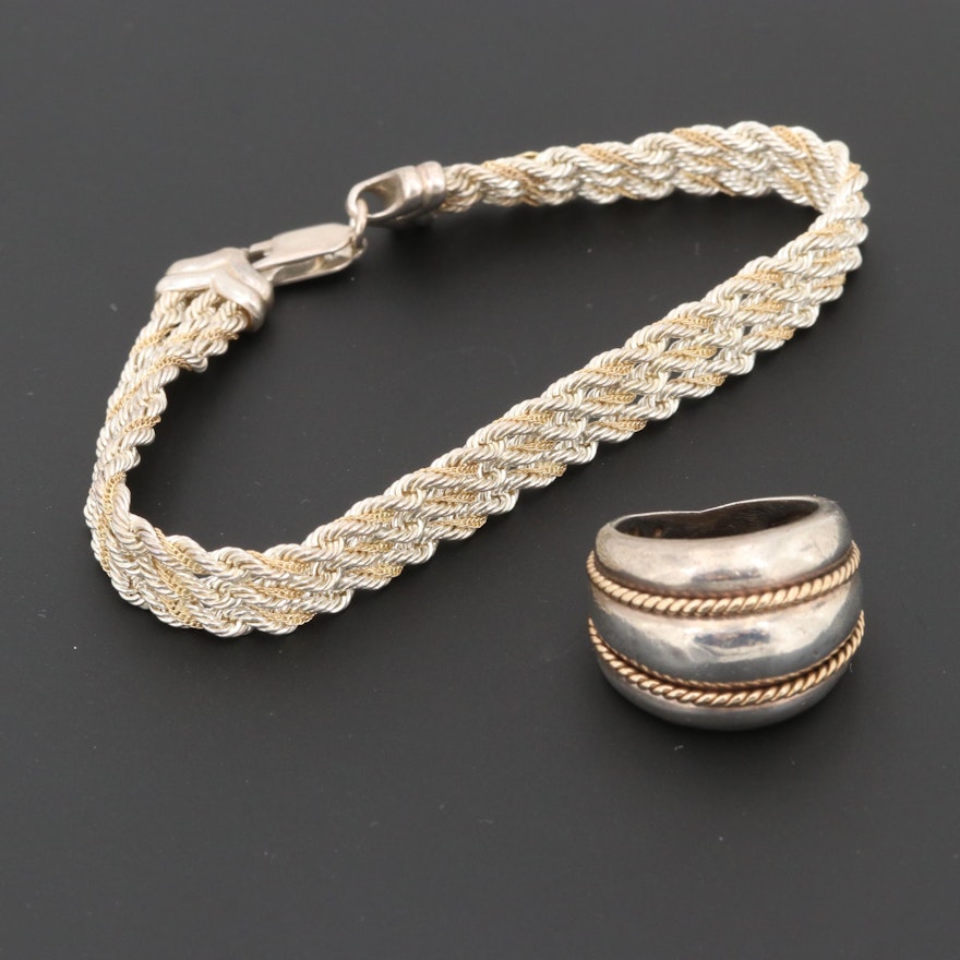 Sterling Silver Bracelet and Ring with 14K Yellow Gold Accents