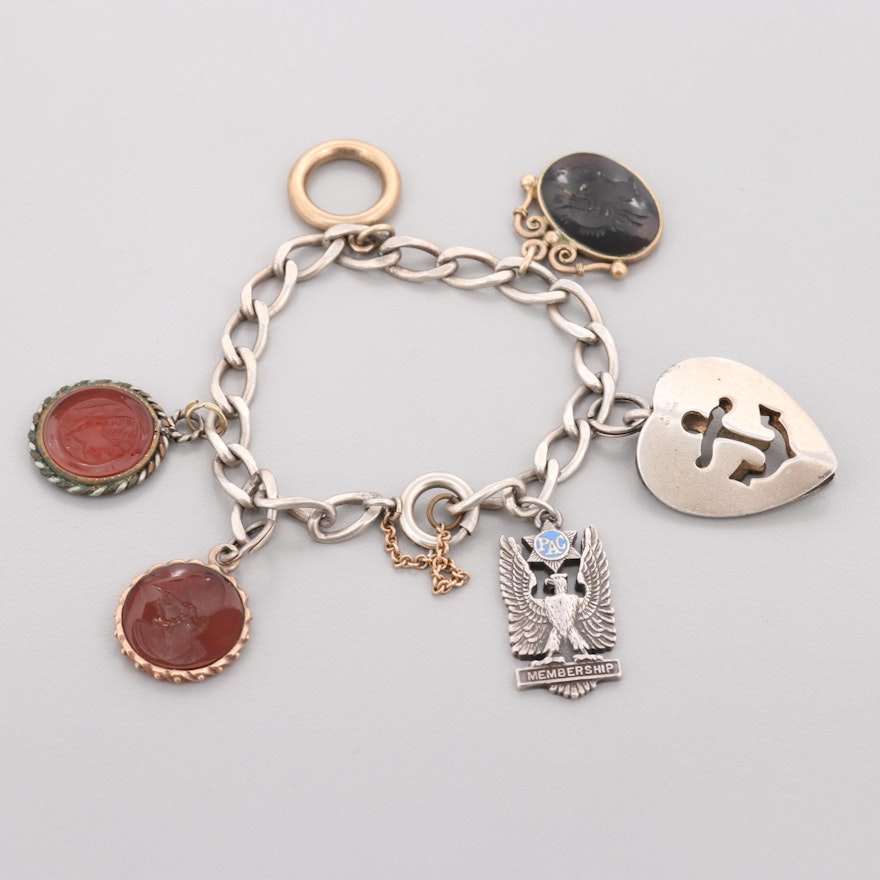 Vintage Sterling Charm Bracelet Including Carnelian, Sard and Gold Tone Charms