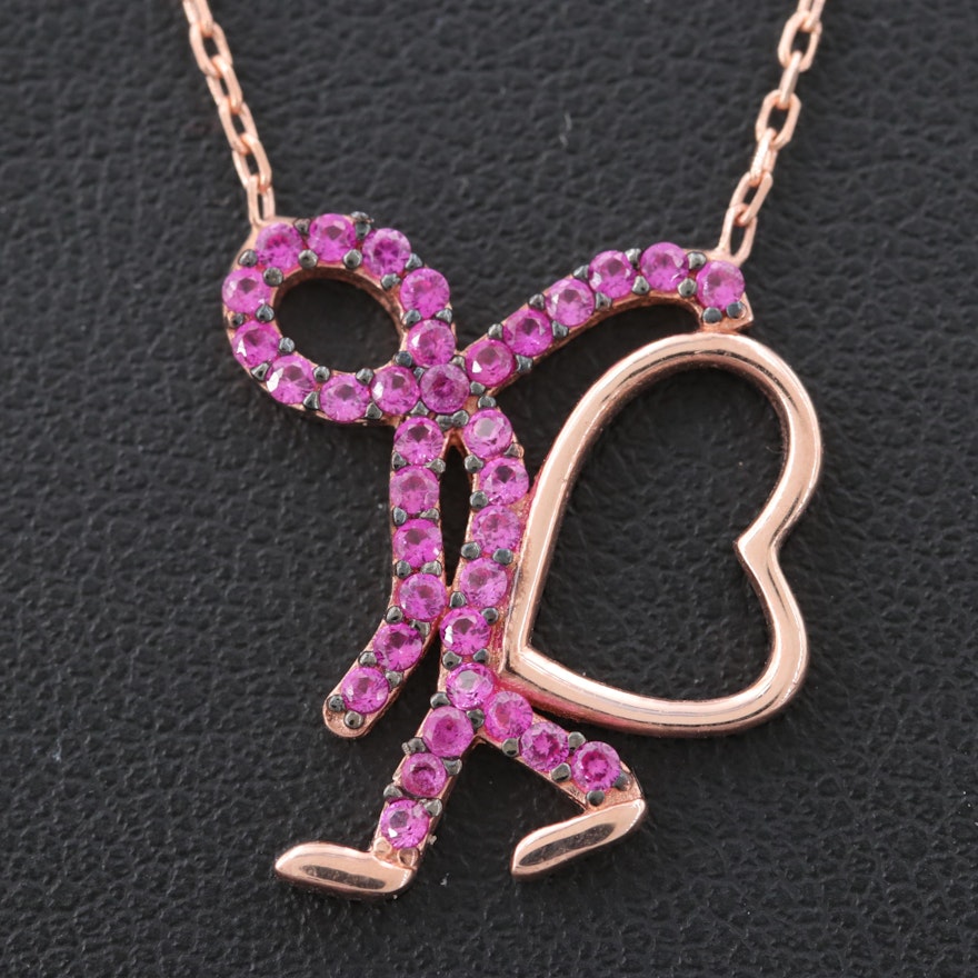 Rose Gold Wash on Sterling Silver Synthetic Pink Sapphire Heart Toting Necklace