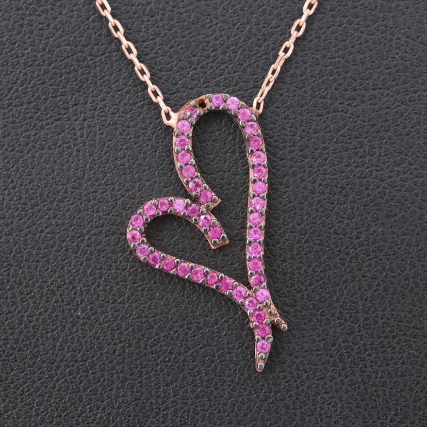 Rose Gold Wash on Sterling Silver Synthetic Pink Sapphire Heart Necklace