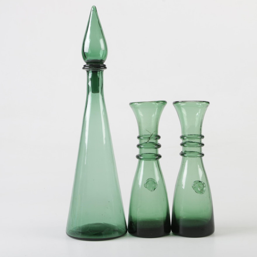 Forrest Green Blown Glass Decanter and Carafes, 20th Century