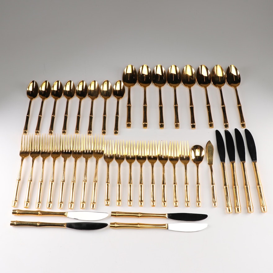 "Bamboo" Gold-Toned Stainless Steel Flatware Set in Case