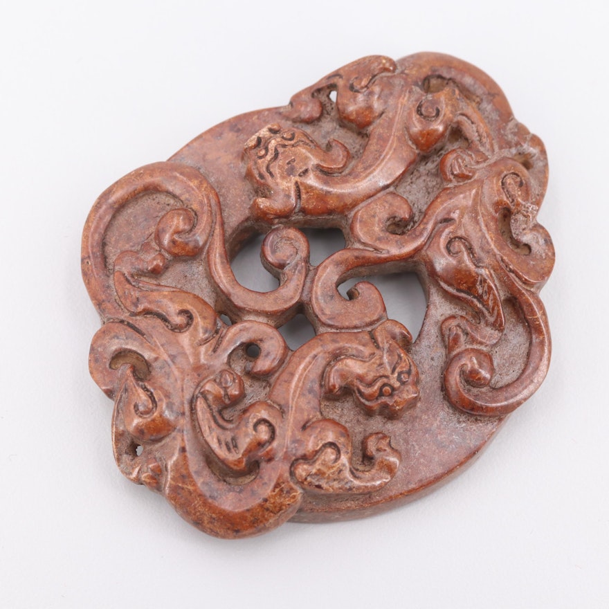 Chinese Brown Serpentine Carved Dragon Motif Pendant