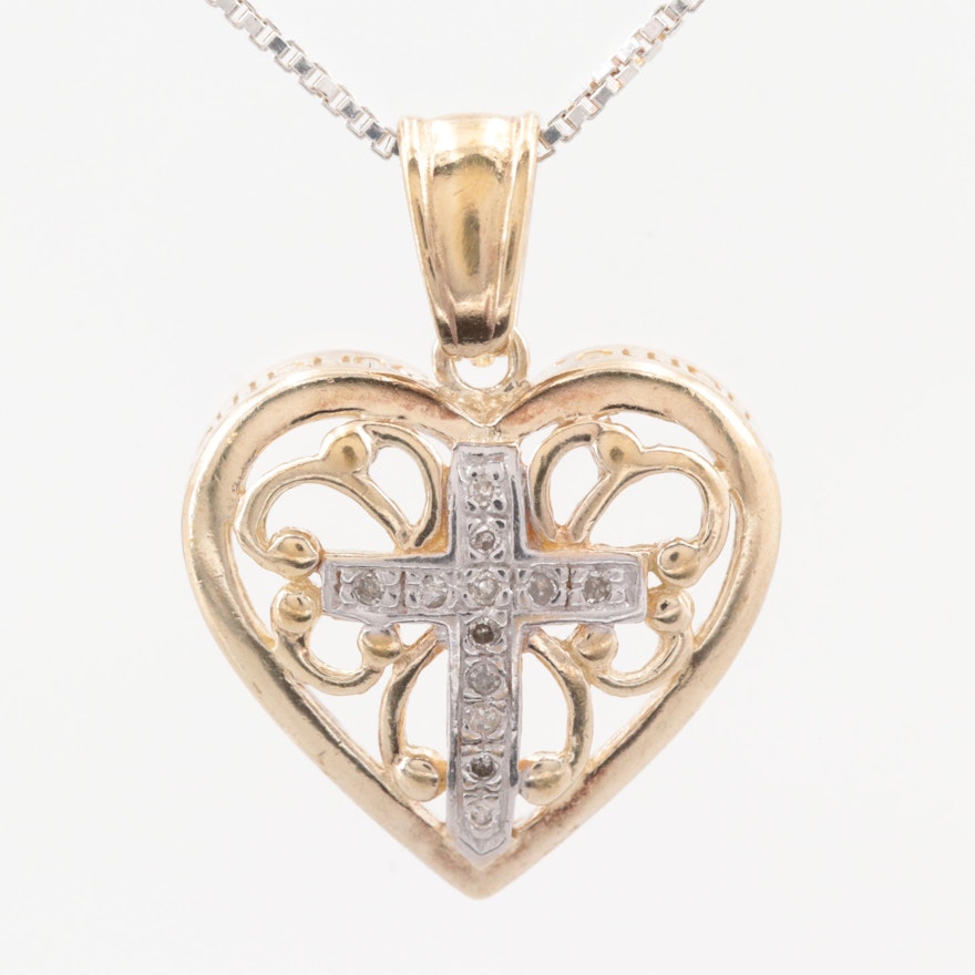 Gold Wash on Sterling Silver Diamond Heart Pendant with Sterling Silver Necklace