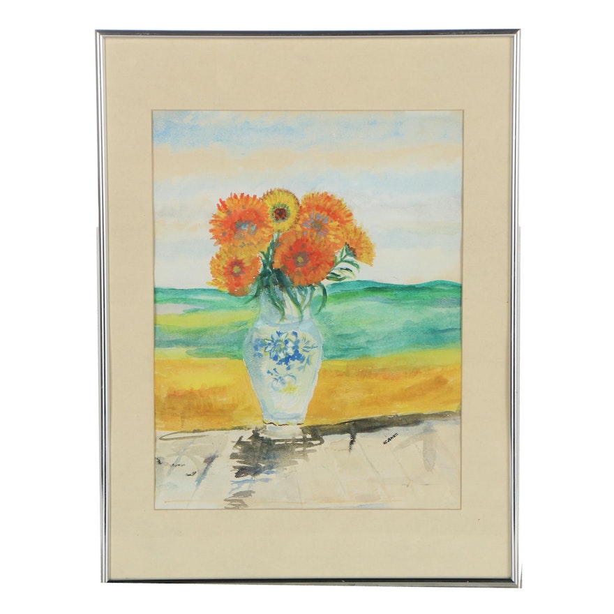 Late 20th Century Watercolor Painting of Floral Still Life