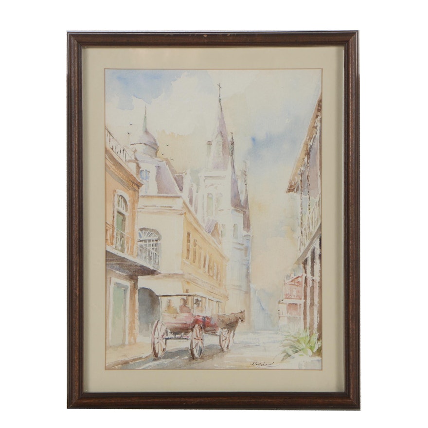Late 20th Century Watercolor Painting of Street Scene