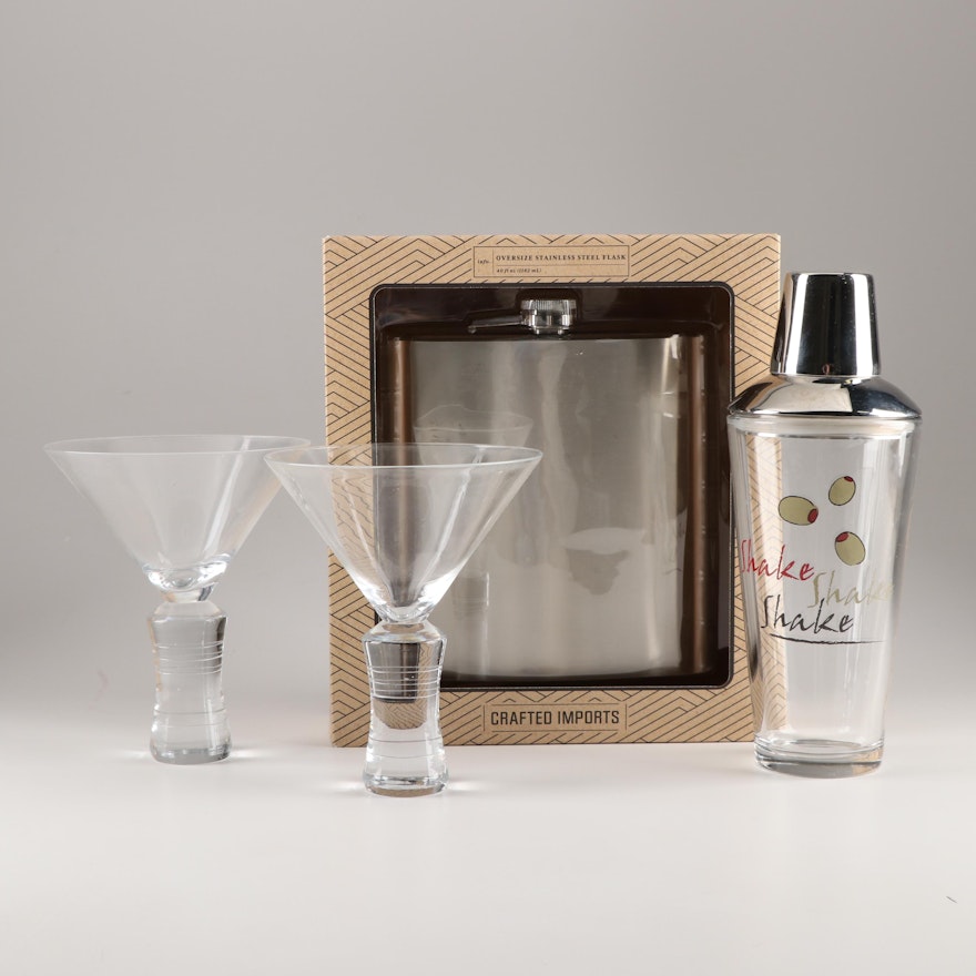 Oversized Flask, Cocktail Shaker and Martini Glasses