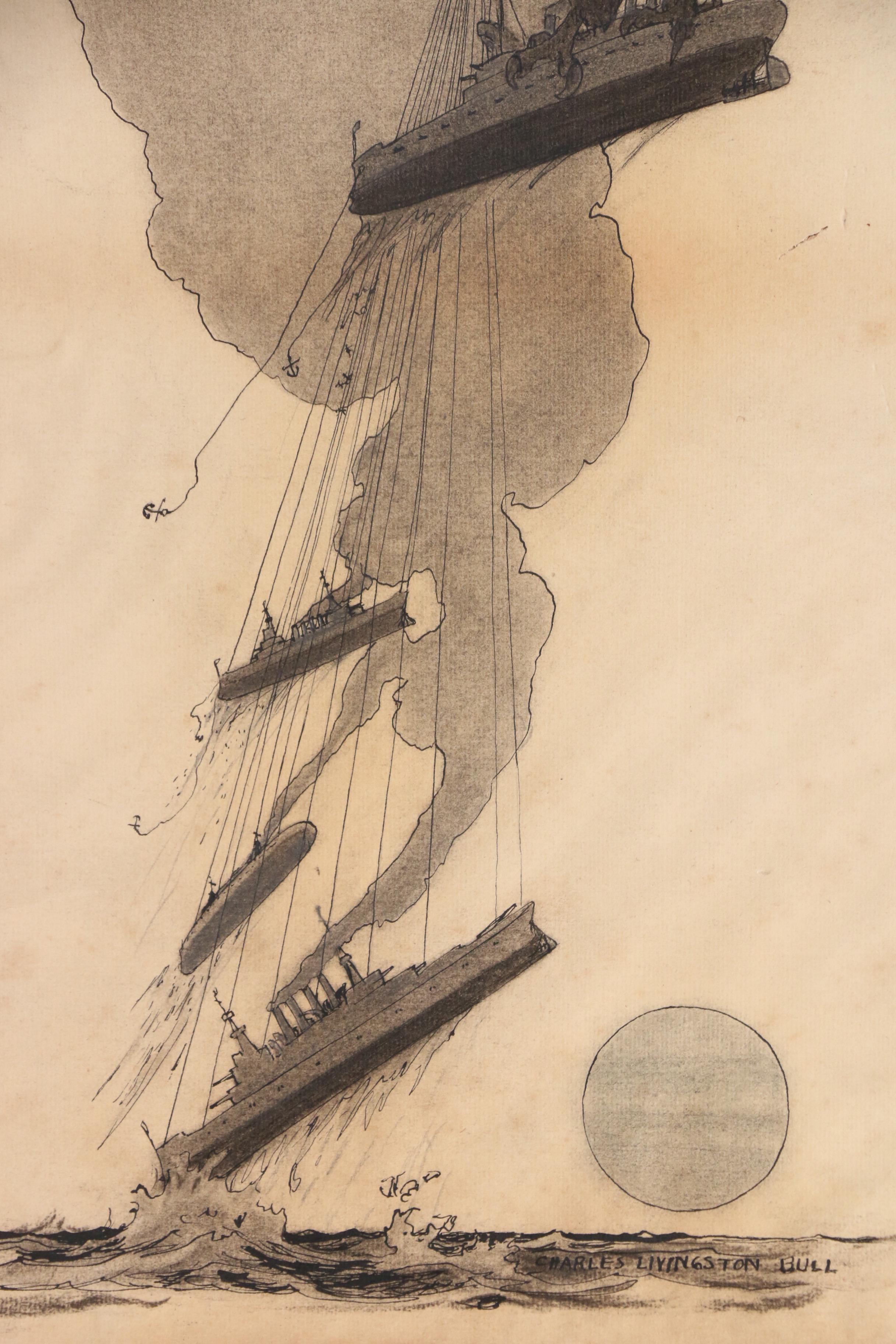 Charles Livingston Bull Ink and Charcoal Illustration for "The Vanishing Fleets"