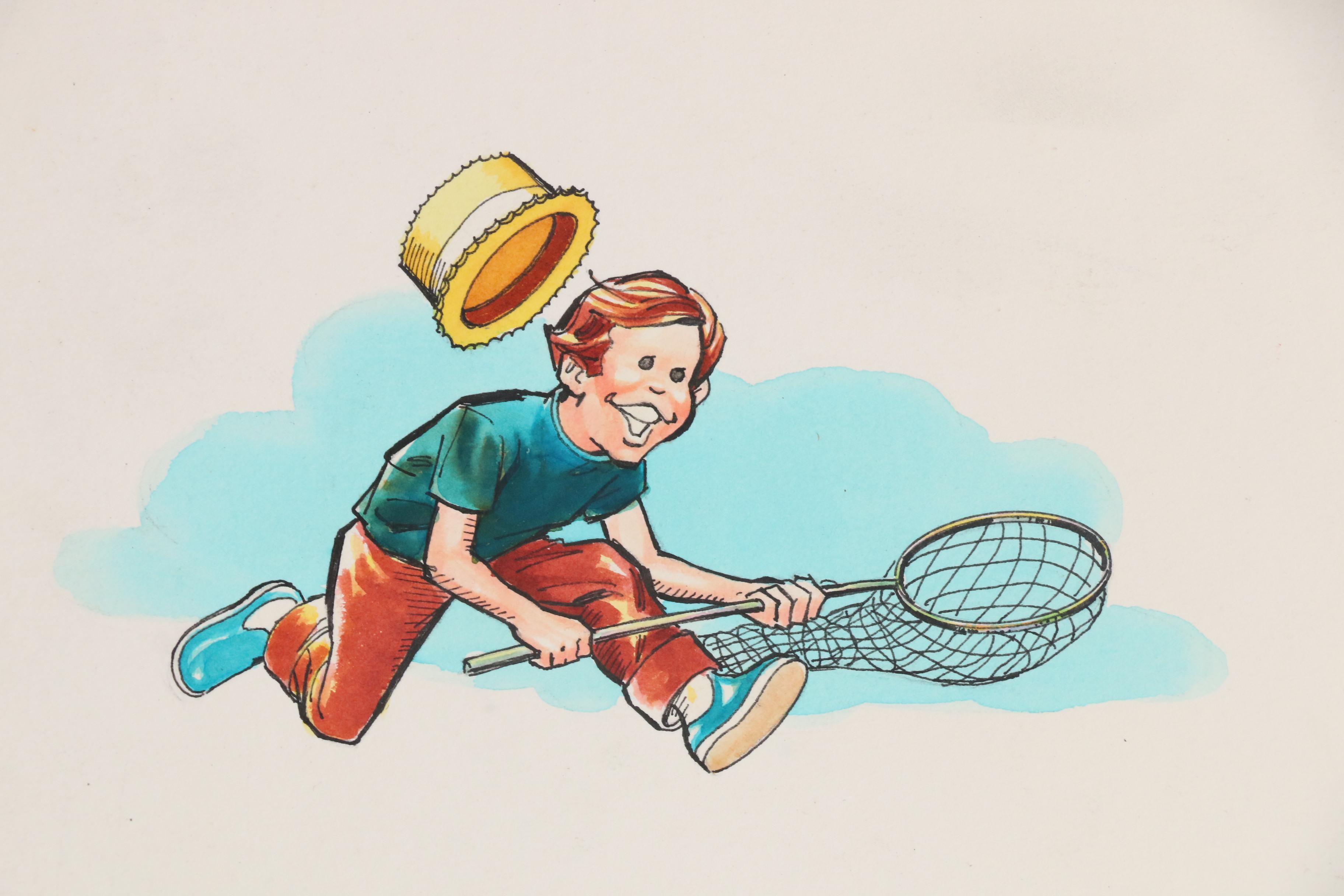 Mid 20th Century Cartoon Watercolor Illustration of Children