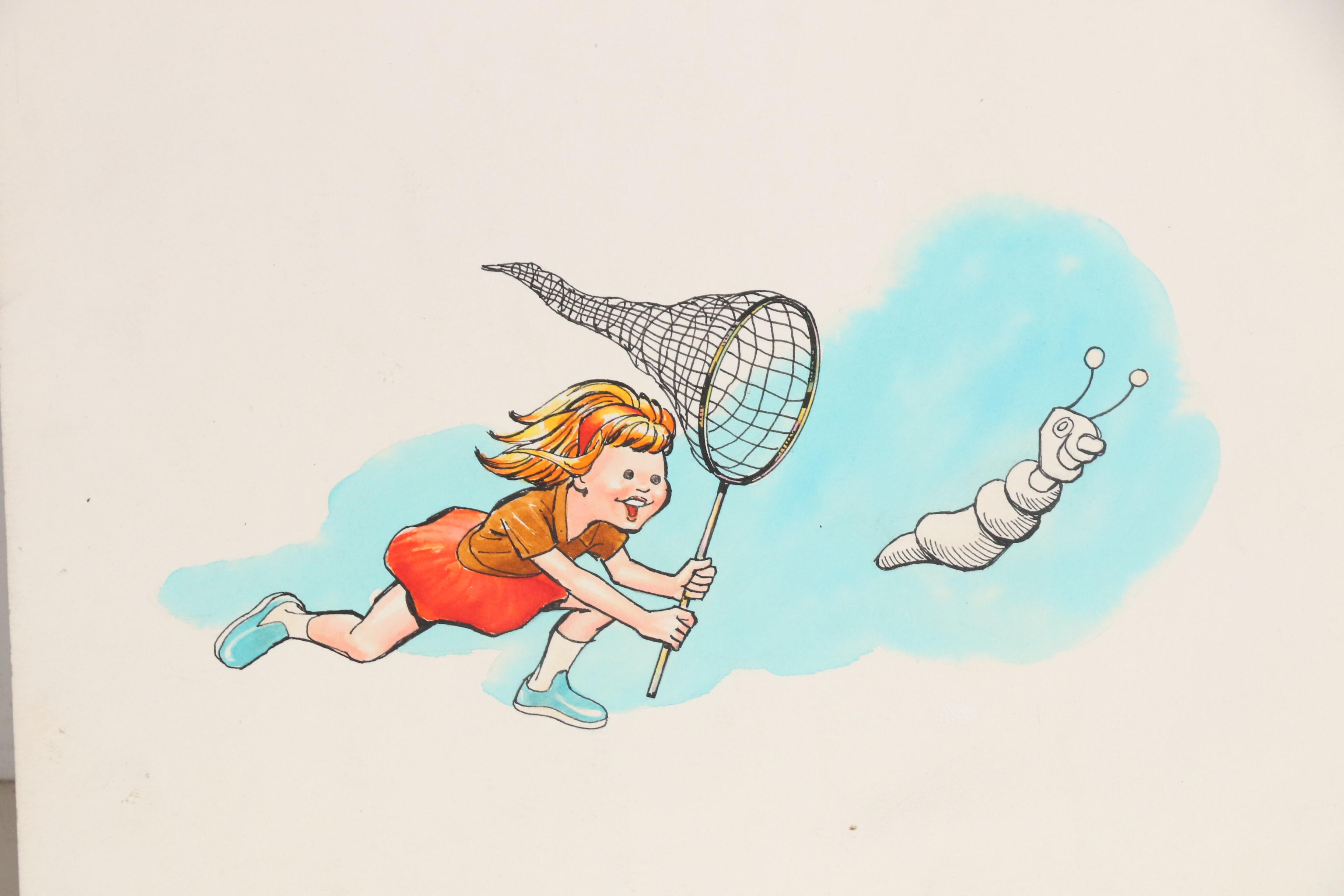 Mid 20th Century Cartoon Watercolor Illustration of Children