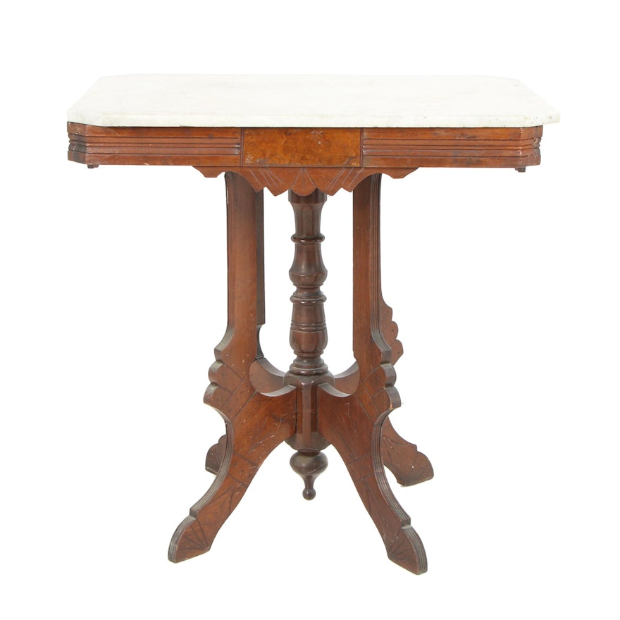 Eastlake Victorian Marble-Top Walnut Lamp Table, Circa 1890