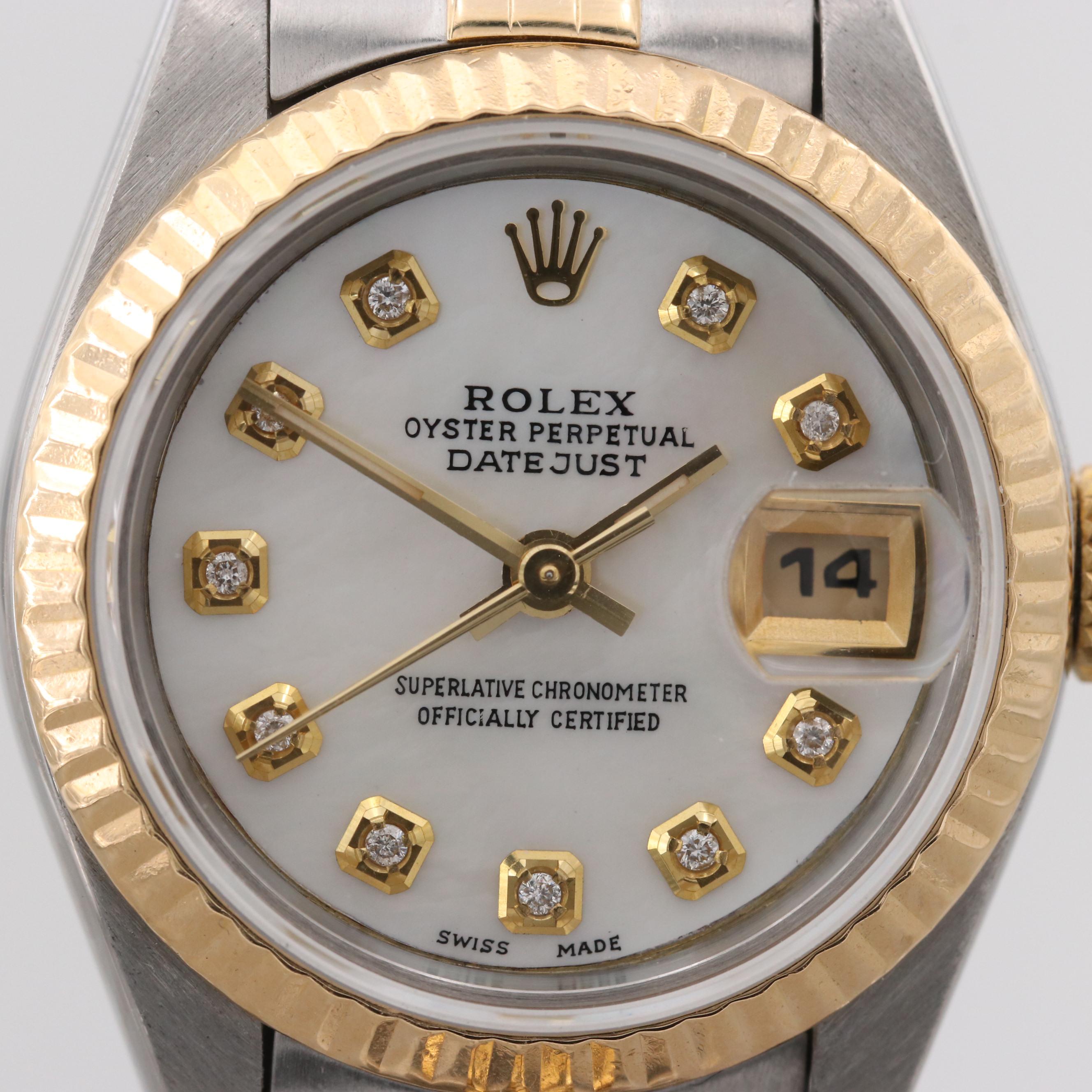 Vintage Rolex Datejust Watch With Mother of Pearl and Diamond Dial