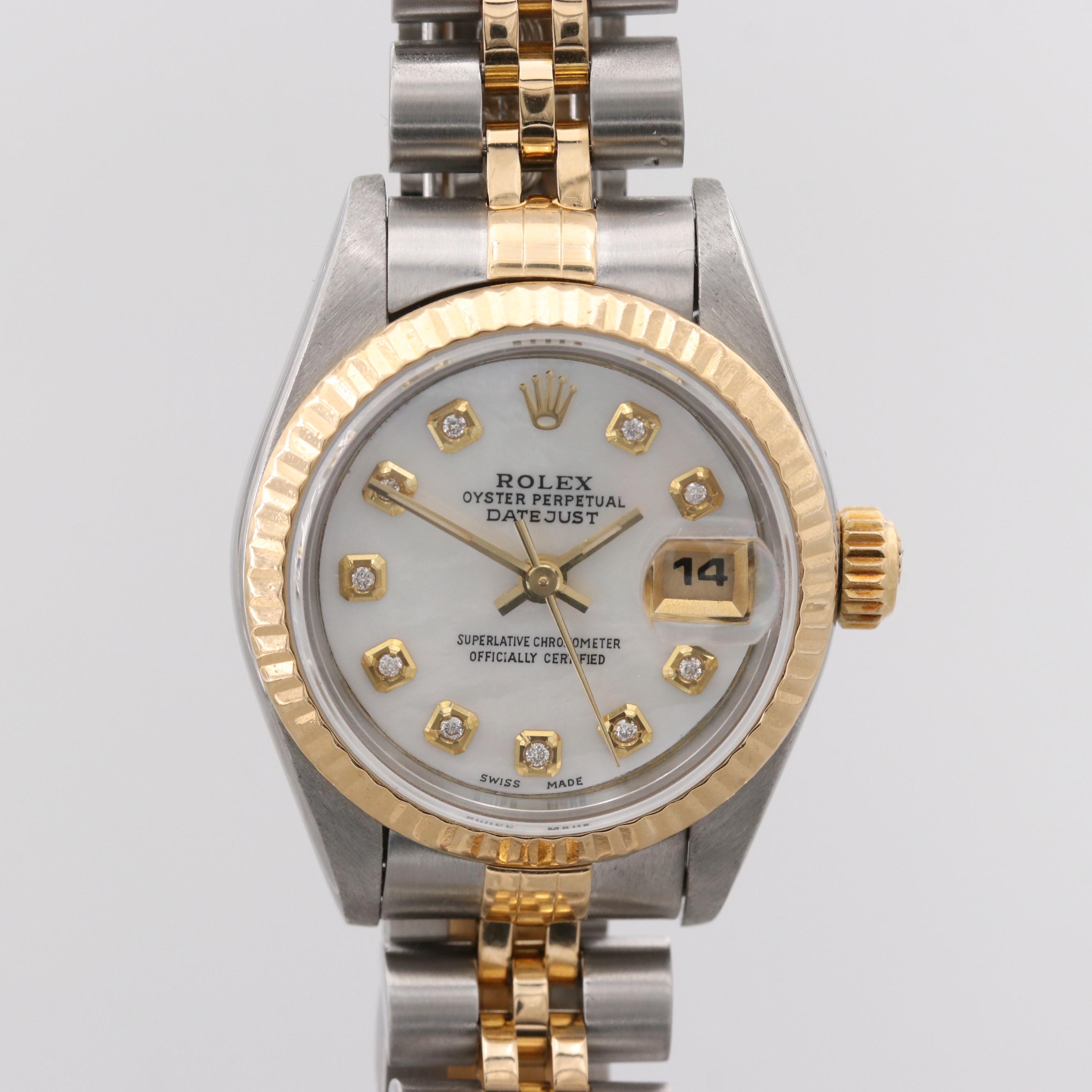 Vintage Rolex Datejust Watch With Mother of Pearl and Diamond Dial