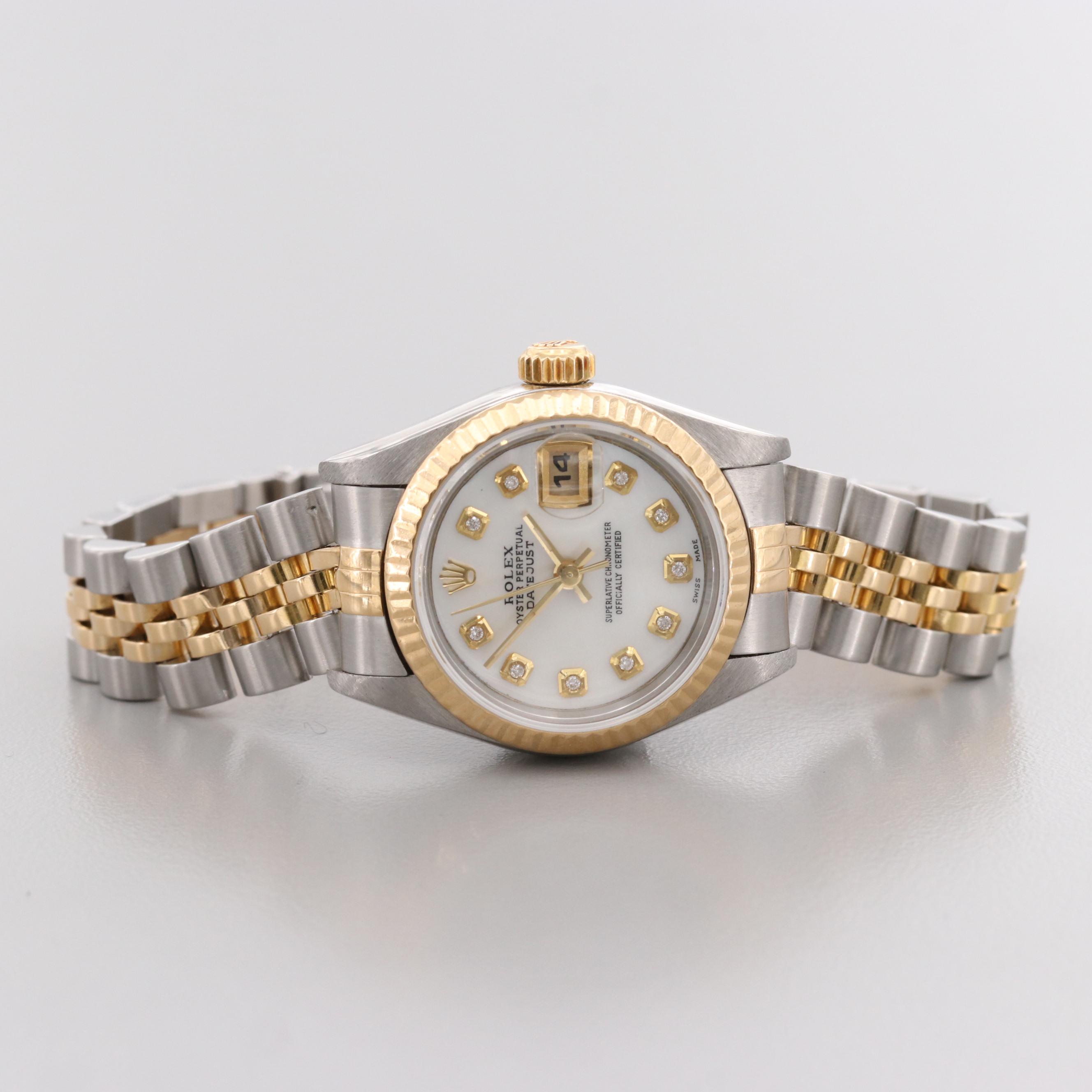 Vintage Rolex Datejust Watch With Mother of Pearl and Diamond Dial