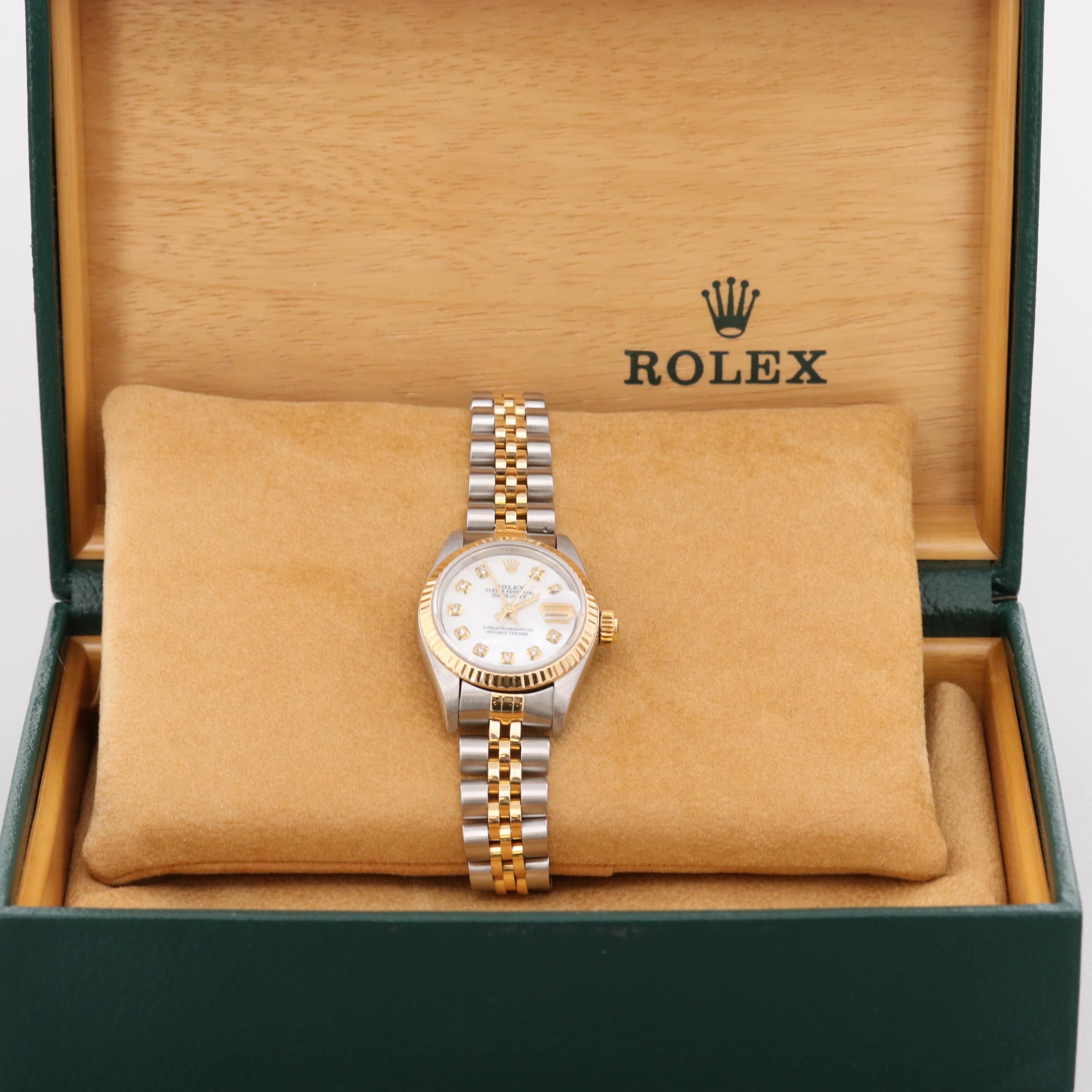 Vintage Rolex Datejust Watch With Mother of Pearl and Diamond Dial