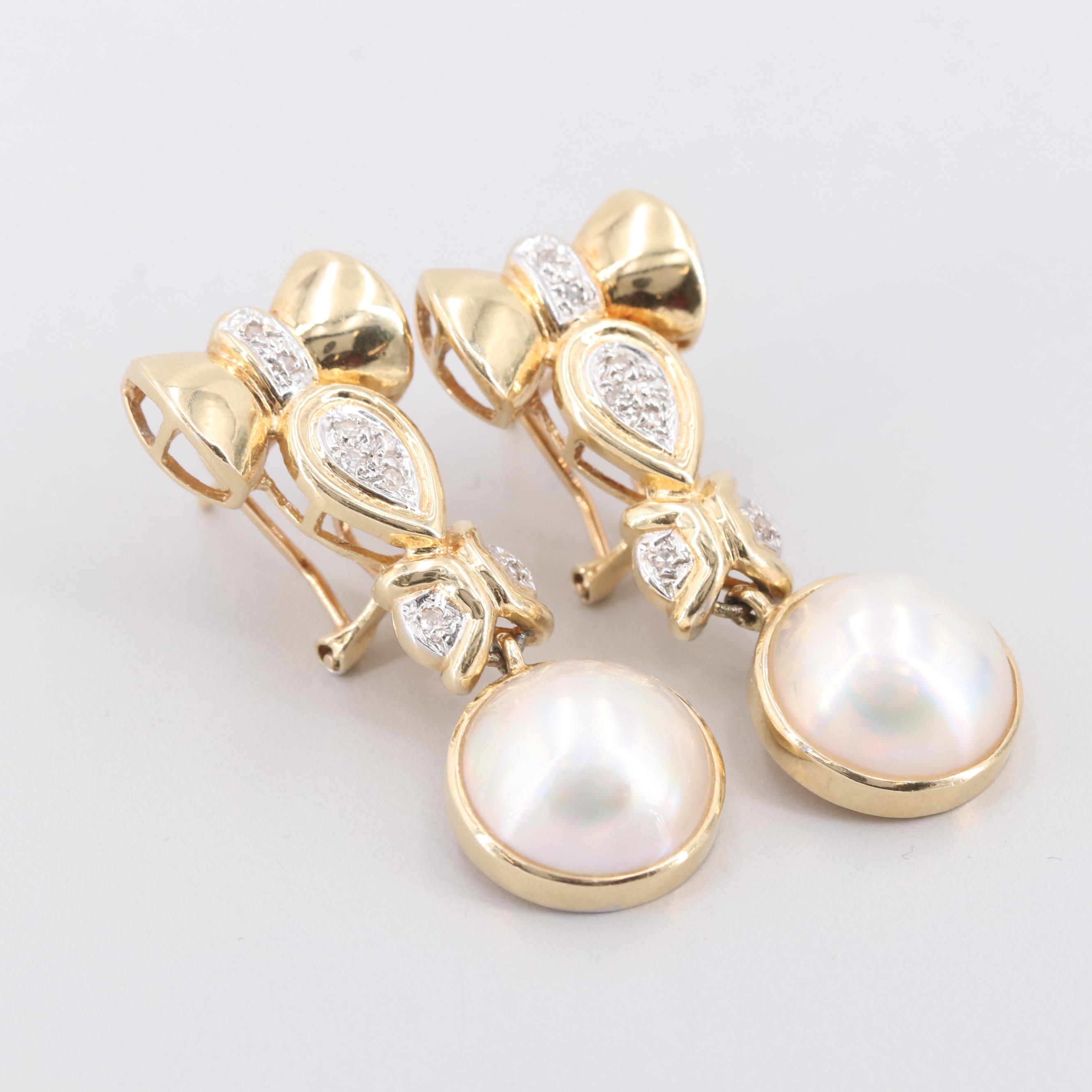 14K Yellow Gold Mabé Pearl and Diamond Earrings