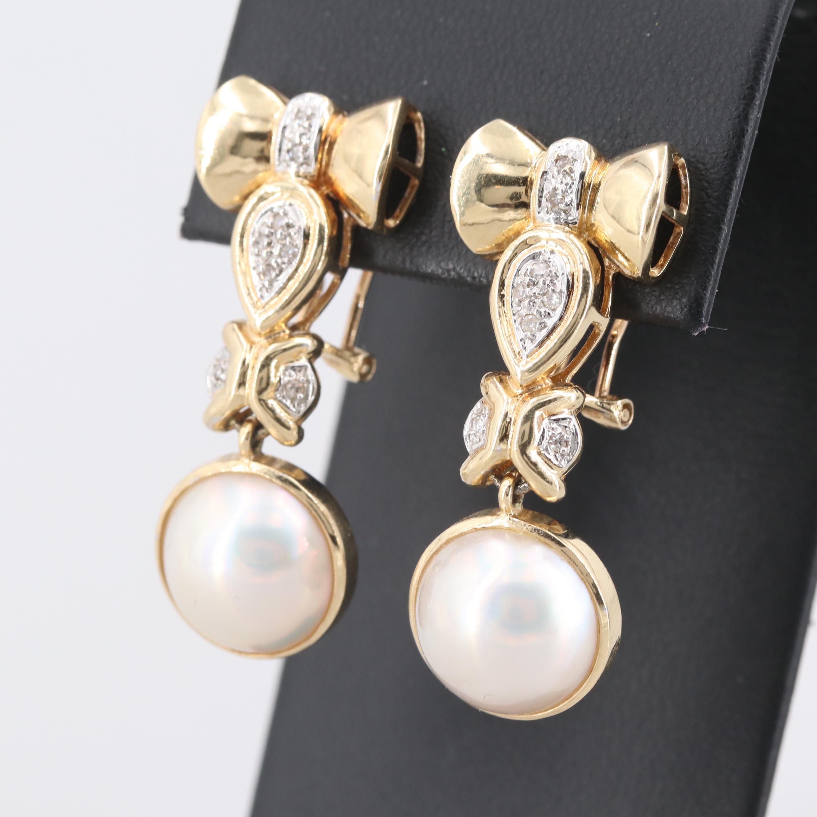 14K Yellow Gold Mabé Pearl and Diamond Earrings