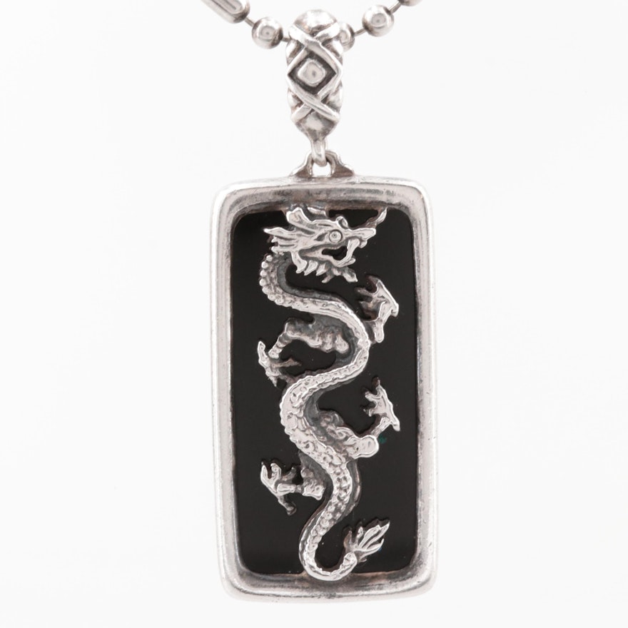 Sterling Silver Black Onyx Dragon Pendant Necklace