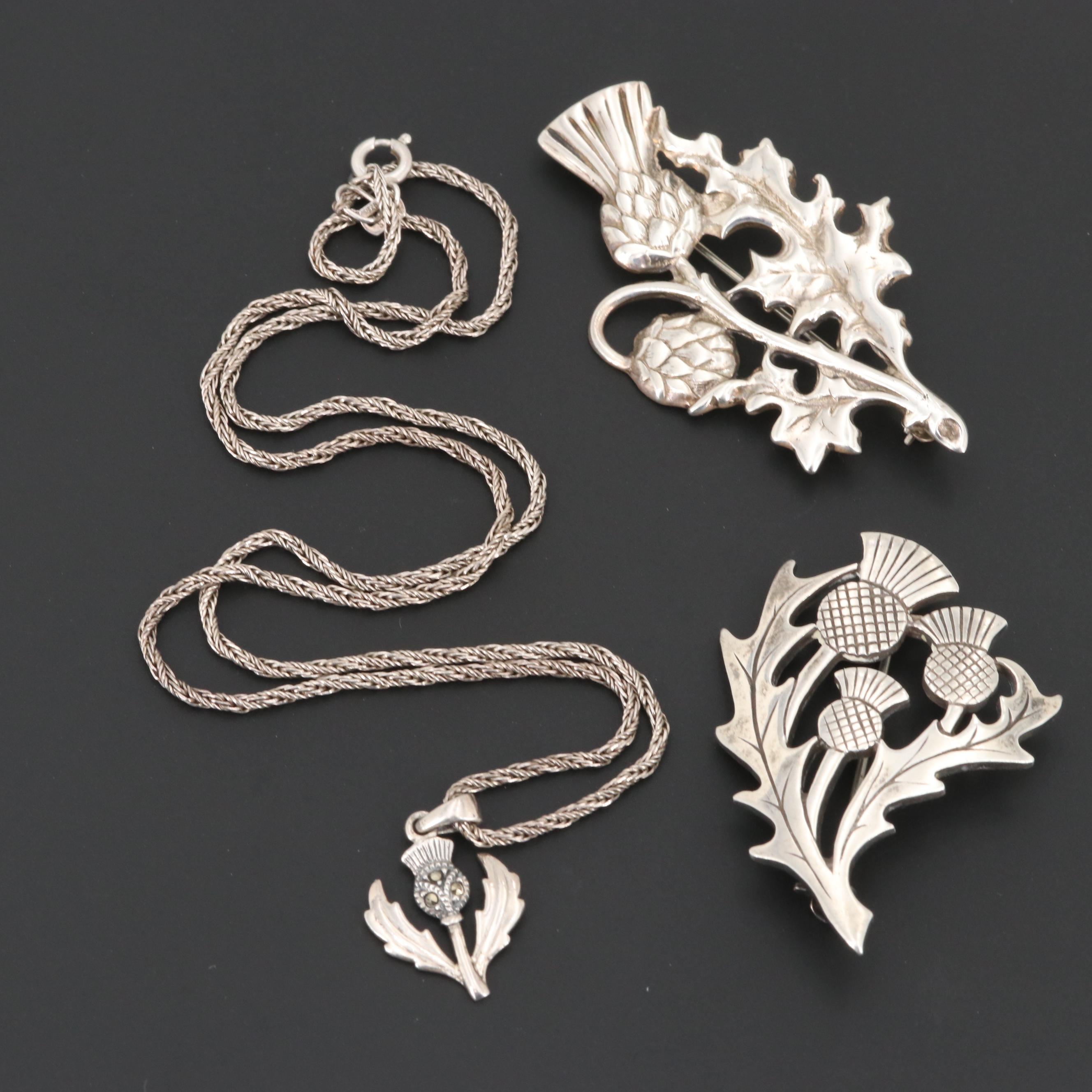 Sterling Silver Marcasite Necklace and Circa 1980 Edinburgh, Scotland Brooches