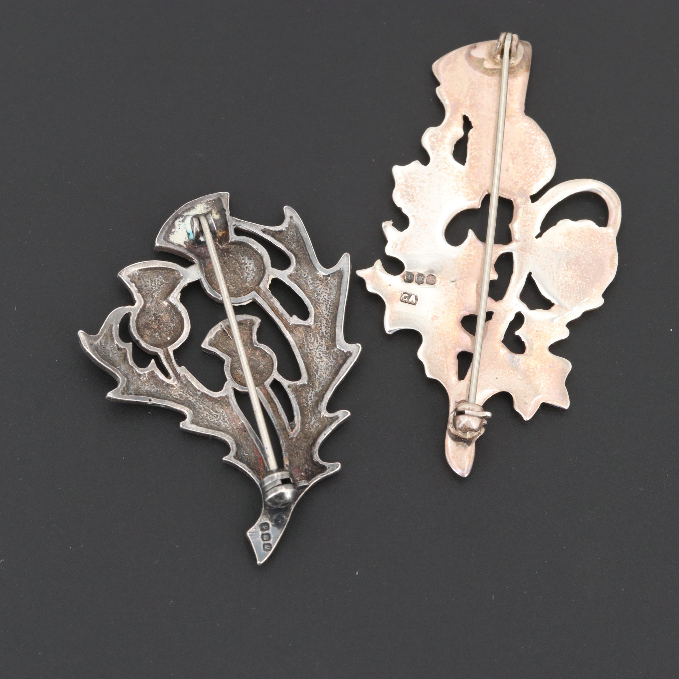 Sterling Silver Marcasite Necklace and Circa 1980 Edinburgh, Scotland Brooches