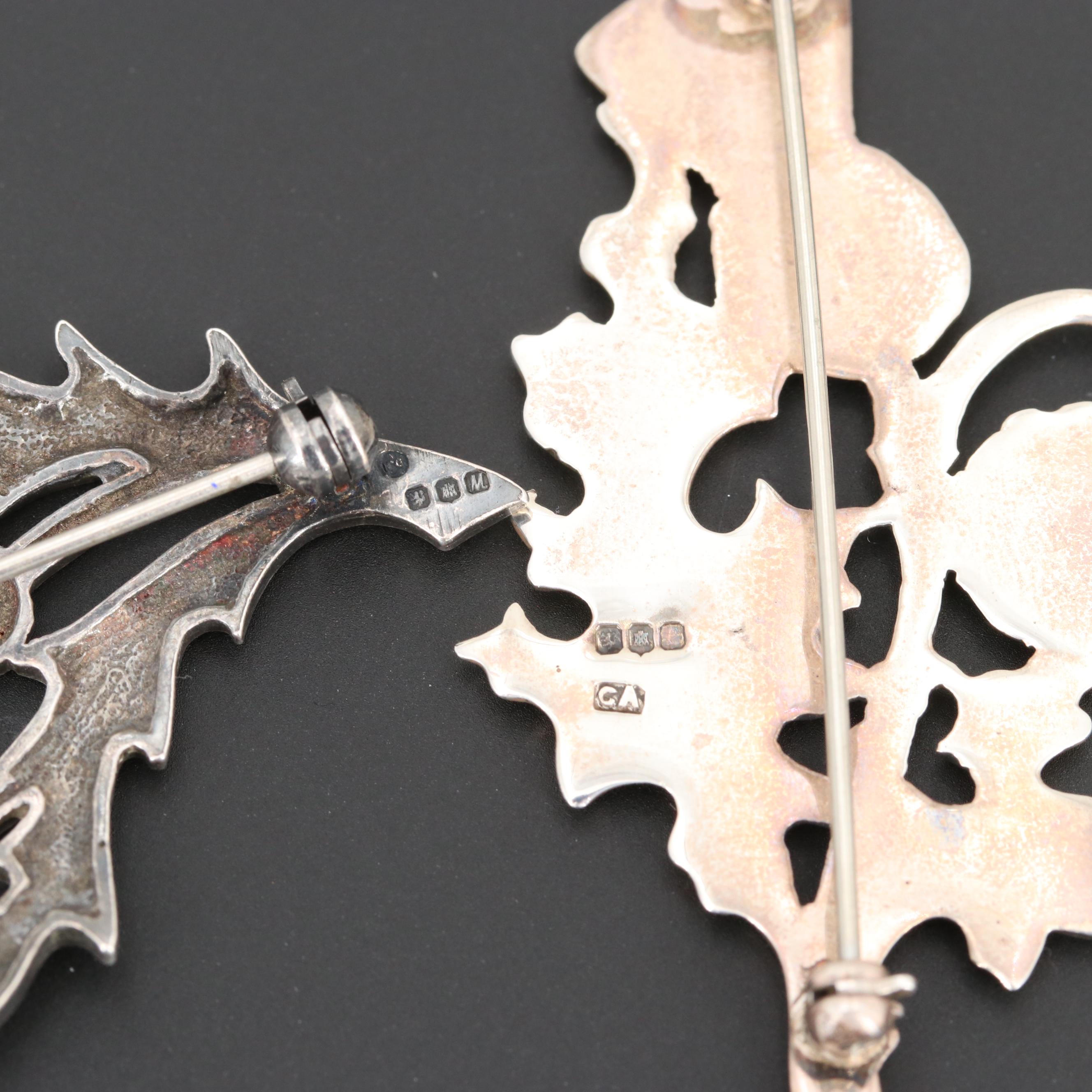 Sterling Silver Marcasite Necklace and Circa 1980 Edinburgh, Scotland Brooches