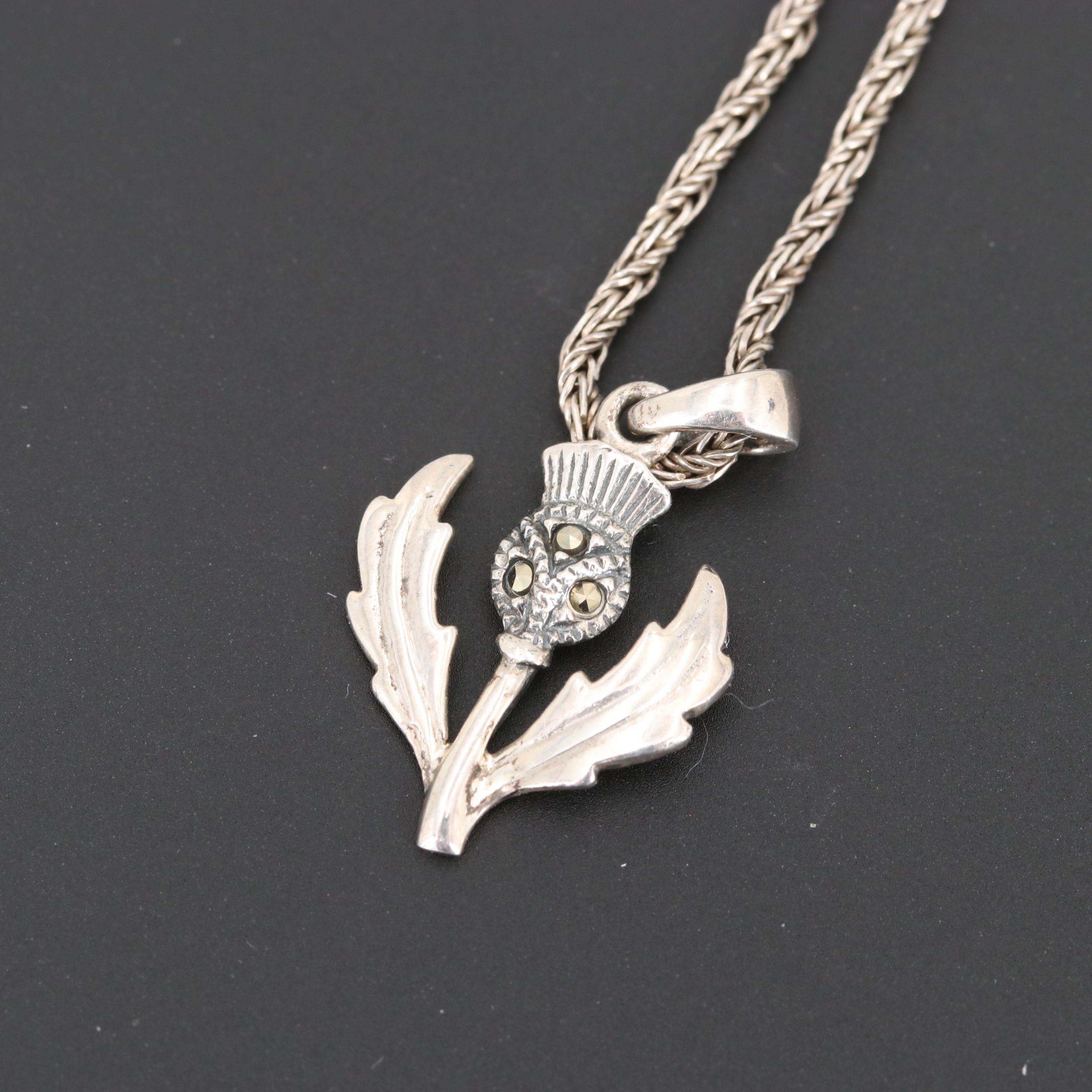 Sterling Silver Marcasite Necklace and Circa 1980 Edinburgh, Scotland Brooches