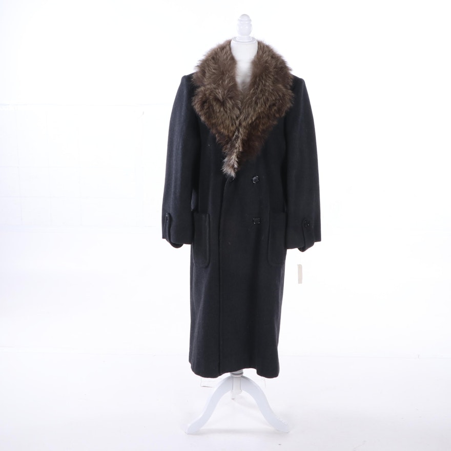 Women's Paul Levy Black Wool Coat with Racoon Fur Collar