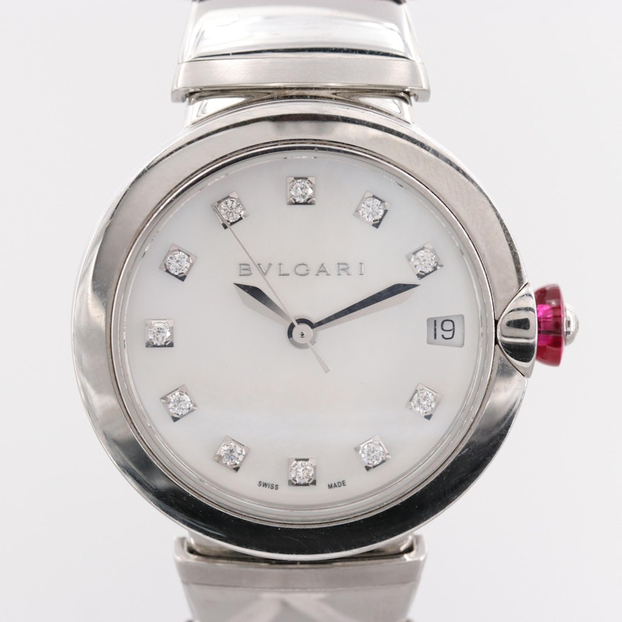 Bulgari LVCEA Wristwatch With White Mother of Pearl and Diamond Dial