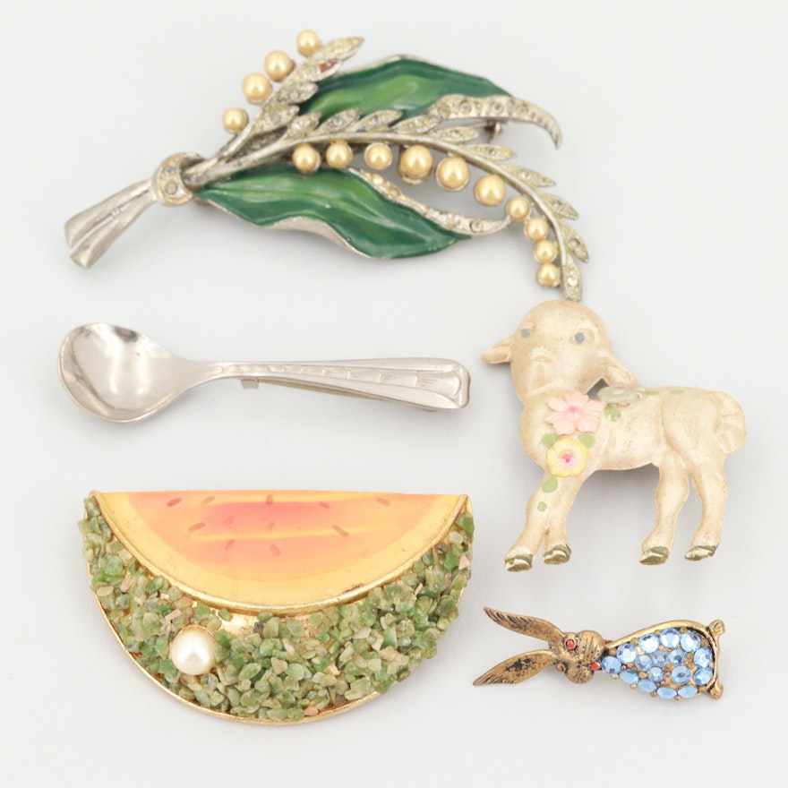 Vintage Gold and Silver-Toned Enamel, Foilbacks and Imitation Pearl Brooches