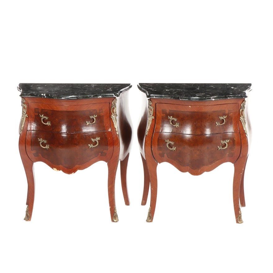 Louis XV Style Bombé Marble Top Mahogany & Walnut Burl Veneered End Tables, 20th