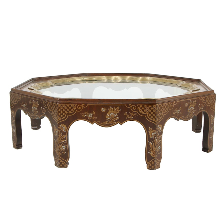 Contemporary Chinoiserie Style Painted Octagonal Cocktail Table with Glass Top