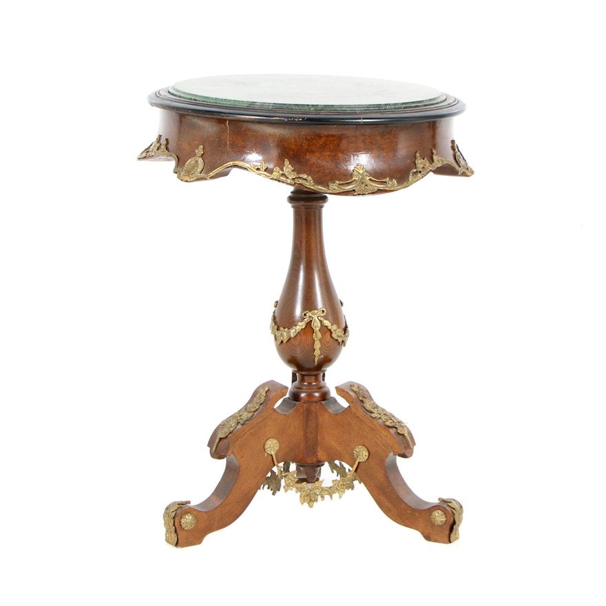 Continental Gueridon in Beech and Burr Wood with a Green Marble Top, Mid 20th C.