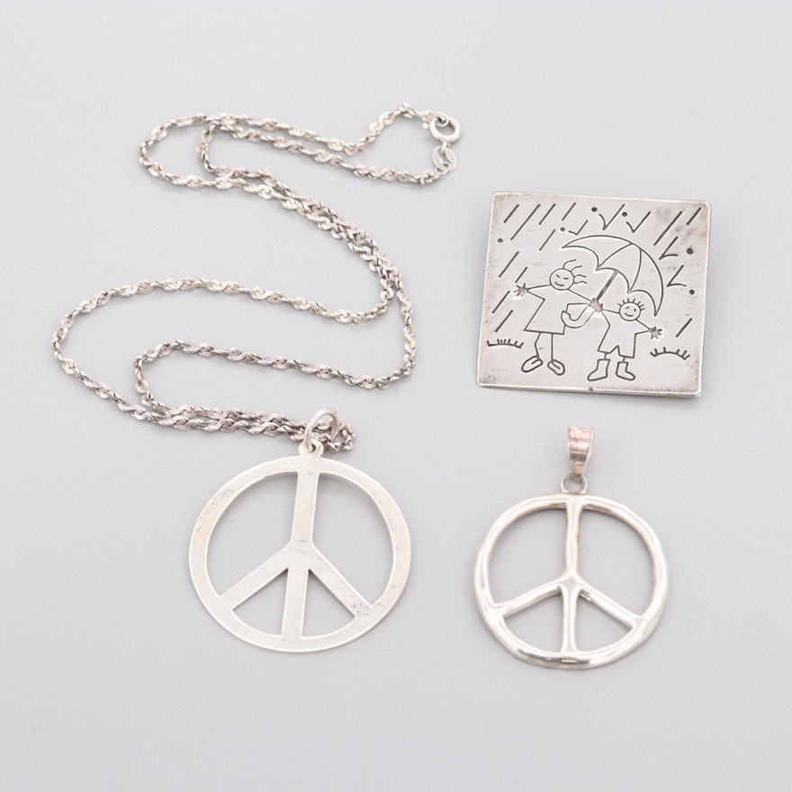 Vintage Style Sterling Silver Peace Pendant and Necklace with Rain Themed Brooch