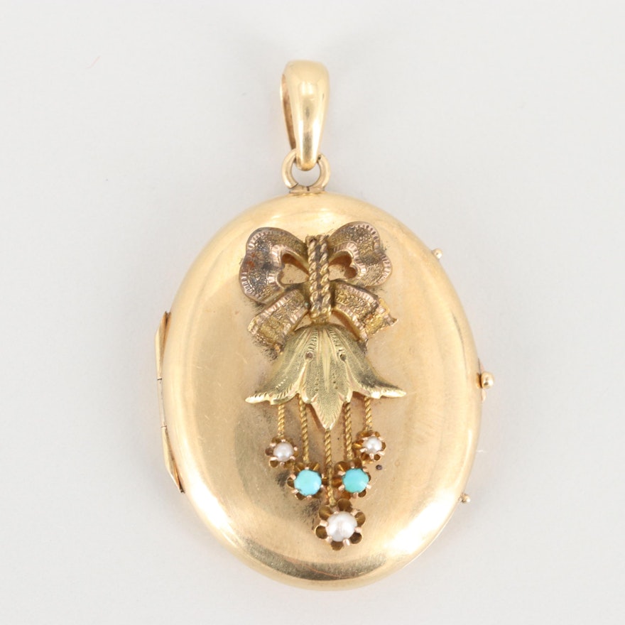 Victorian Gold Wash Seed Pearl and Turquoise Locket