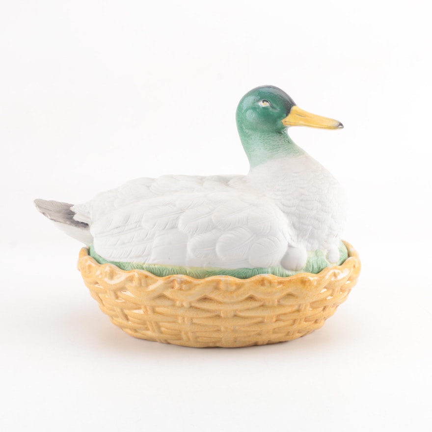 English Parian Duck on Nest Covered Dish, Late Victorian