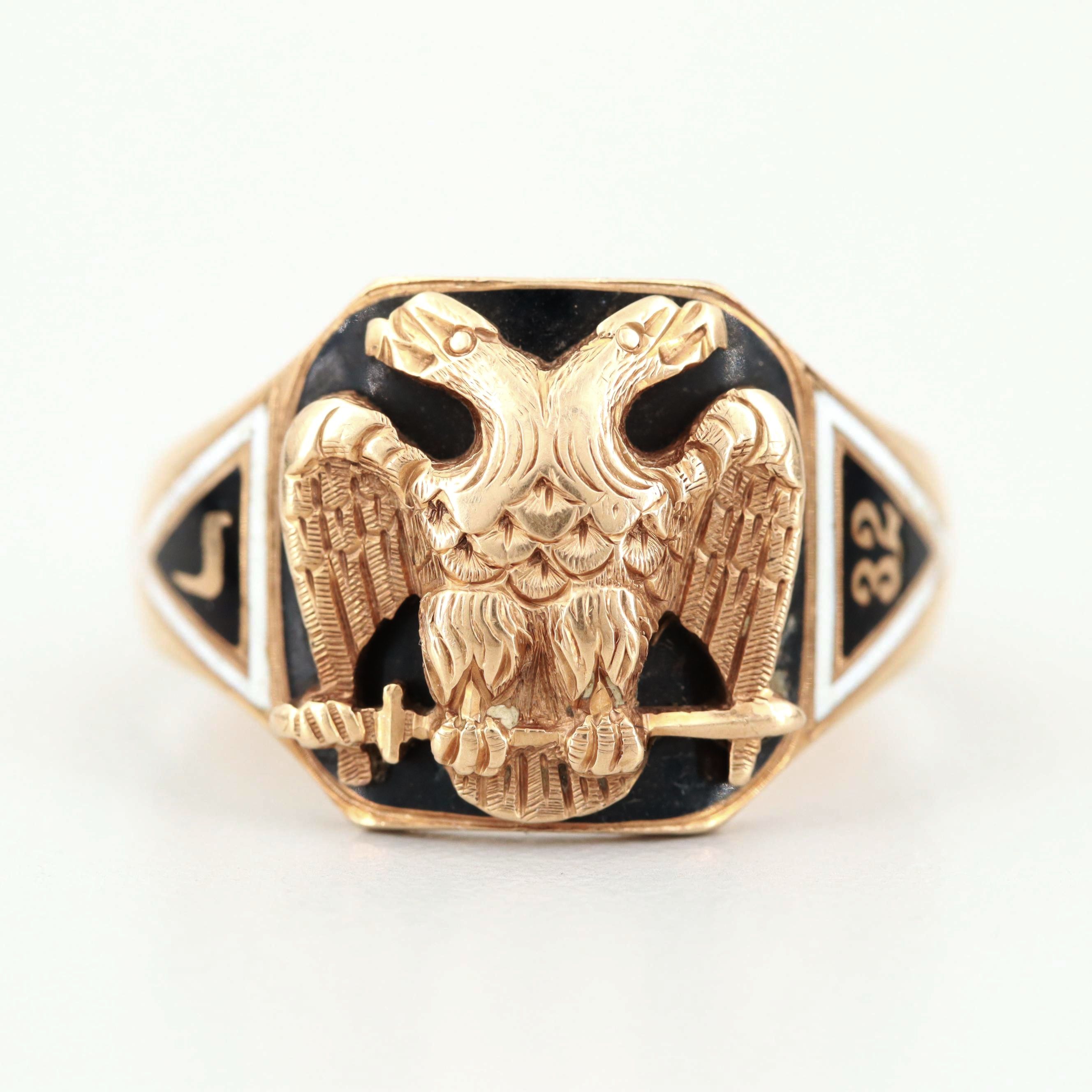 14K Yellow Gold Enamel Double Headed Eagle Ring