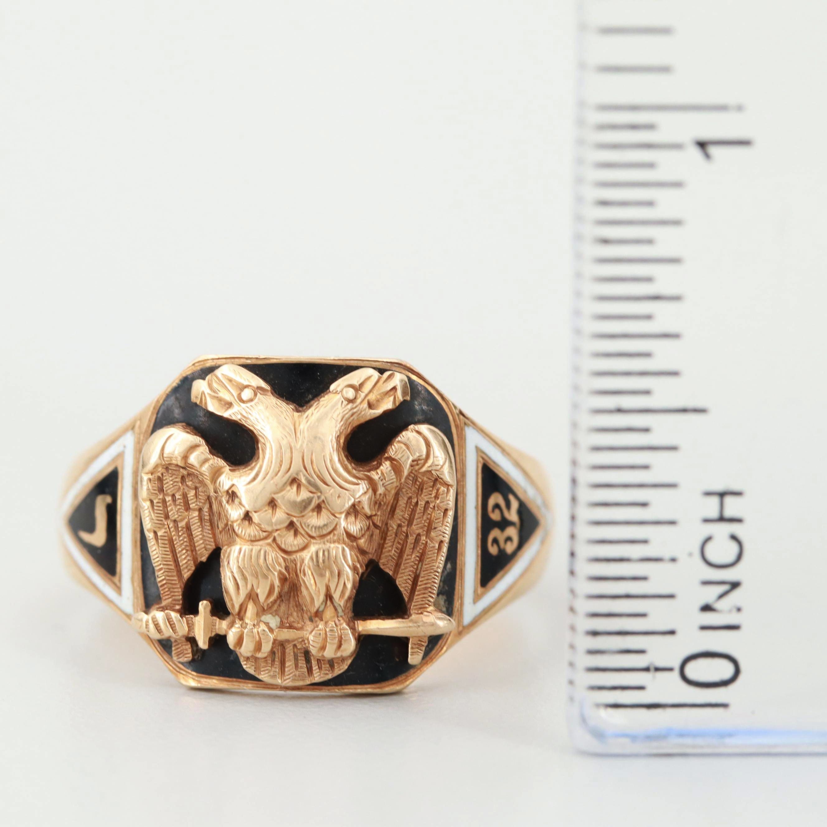 14K Yellow Gold Enamel Double Headed Eagle Ring