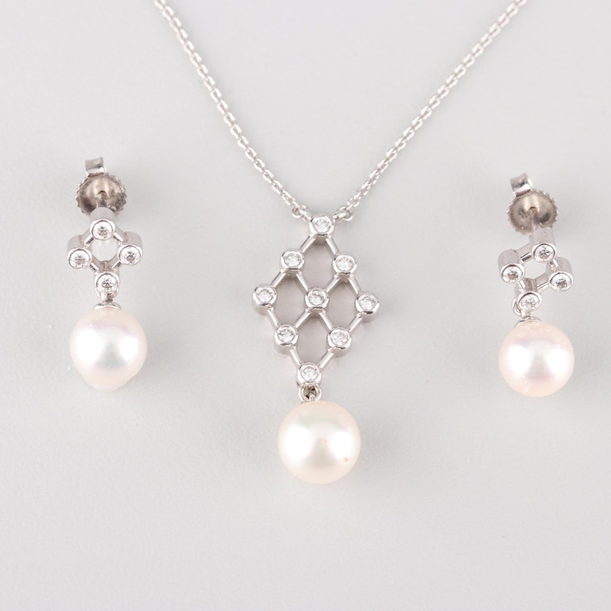Mikimoto 18K White Gold Diamond and Cultured Pearl Jewelry Set