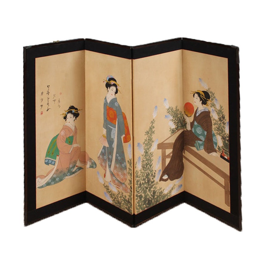 Japanese Gouache on Silk Folding Screen